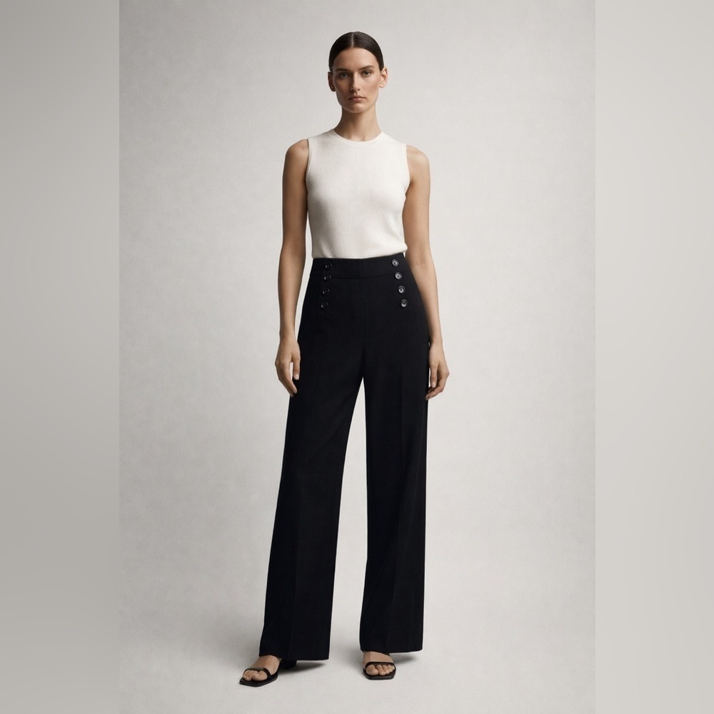 Black Wool Sailor Button Wide Leg Trousers | Minimalist Quiet Luxury H&M 14